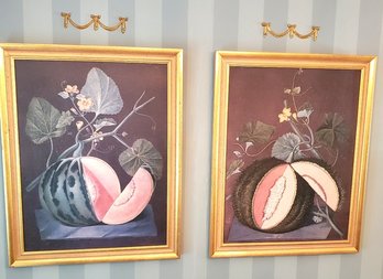 2 Vintage George Brookshaw Gold Toned Framed Prints Of Melons With Flowering Vines