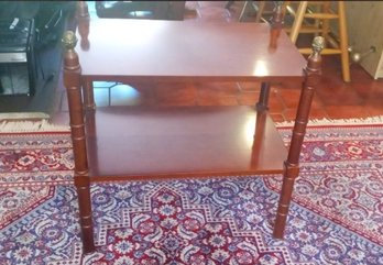 Beautiful Two Shelf Table With Brass Finials & A Nice Cherry Finish
