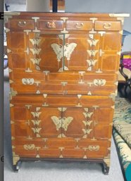 Beautiful Asian Antique Two Piece Cabinet With Lovely Brass Hardware.    CV