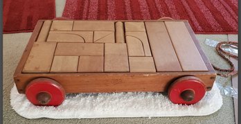 1934 Wooden Pull Wagon Toy With Wooden Red Wheels & 24 Wooden Blocks