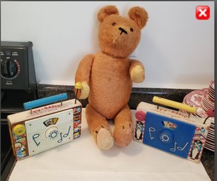 3 Vintage Toys - '60s - '70s. Two Fisher - Price TV - Radios & Stuffed Teddy Bear With Moveable Limbs