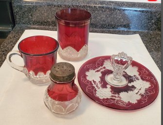 (4) Antique Ruby Red Flash Glass Candy Plate, Shaker, Small Mug & Tumbler Circa 1905