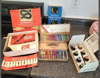 Vintage Artist Materials - Speedball Pen, Soft Pastels, Higgins Drawing Inks & The Art Of Hand- Lettering Book