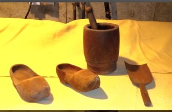 Nice Antique Wooden Mortar & Pestle, A Scoop, And Hand Made Wooden Dutch Shoes