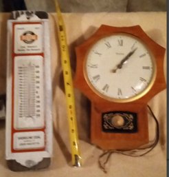 Great Vintage Outdoor Thermometer With Nice Advertising  And Nice Electric Clock From United Clock Company