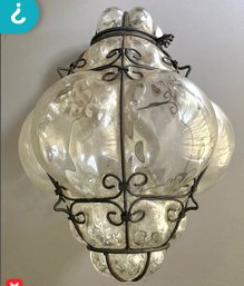 1960s Murano Venetian Mouth-Blown Glass In Metal Frame Pendant Chandelier