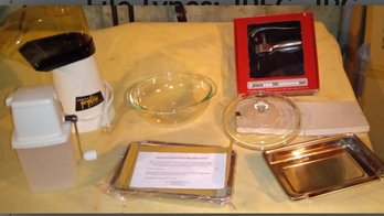 Assortment Of Kitchen Ware, Ice Crusher, Popcorn Machine,pyrex Dish, Baking Pans, Corkscrew