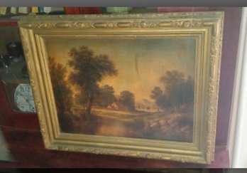 Antique Oil On Canvas Painting Of Farm House By The River