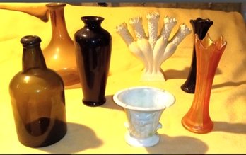 5 Vintage Vases- Various Sizes & Colors. 2 Antique Blown Glass Bottles.  Vases: 1 Carnival Glass, 1 Milk Glass