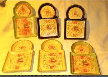 Six Beautiful Hand Painted Vintage Metal Coasters With Snack Plate Sections Ca 1960s