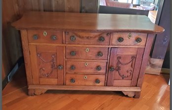 Antique Oak Buffet Server - 6 Drawers & 2 Cabinets, Beautiful Brass Pulls, Key & Lovely Wood Carvings