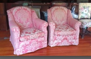 Pair Of Beautiful Vintage Custom Upholstered Arm Chairs With Cushions