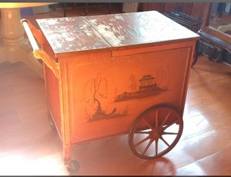 Rare Form Antique Asian Inspired Wooden Beverage / Portable Bar Cart - Tin Lined, Wagon Wheels & 1 Drawer