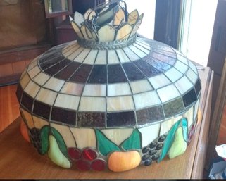 Beautiful Tiffany Style Lamp With Lovely Fruit Designs. Has Two Bulb Sockets & Lovely Leaded & Stained Glass