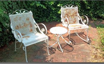 Pair Of Outdoor Vintage Wrought Iron Chairs - One Is A Rocker ! & A Small Round Top Table