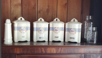 Vintage Lot: Partial Buffalo Pottery Canister Set (4), Ceramic S & P And 2 Canning Glass Jars