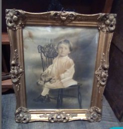 Antique Framed Portrait Of Seated Child Holding A Teddy Bear   LD/WA-B