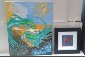 Two Beautiful Fish Oil Painting And A Print.     BB WA C