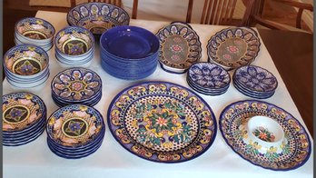 62 Total Pieces - Colorful & Versatile Melamine Dinner Service For 16 People  Cobalt & Floral Pattern