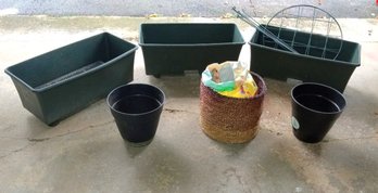 Outdoor Planters - 3 Green Earth Boxes, 2 Metal Peony Cages, 3 Black Plastic Self- Watering Pots & 1 Wicker