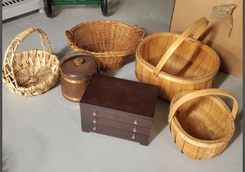 Assortment Of Wicker/ Bent Wood Baskets, A Jewelry Box & An Ice Bucket