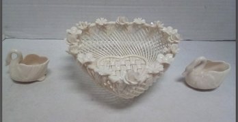 Pretty Belleek Reticulated Heart-shaped Bowl With Basket Pattern/flowers & 2 Lenox Swans  MelbG/B3