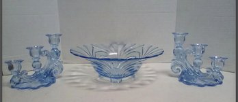 Vintage Cambridge Moonlight Blue Pair Of 3 Light Candleabras & Footed Bowl  BoH/A4