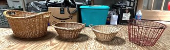 Three Woven Wicker Basket With Two Handles & Vintage Large Farm Egg Red Coated Basket.    SW-C1