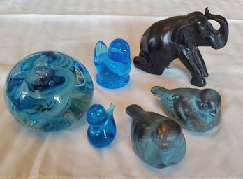 Gorgeous Glass Paperweight , 2 Blown Blue- Glass Birds, 2 Painted Terra Cotta Birds & An Elephant