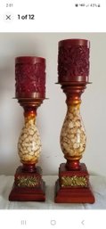 Vintage Pier One  Wood And Metal Pedestal Pillar Candle Holder Set Tallest 12 Inches