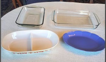 Two Rectangle Clear Cooking Pans, A Divided Serving Dish & A Blue Platter