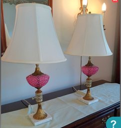 Great Pair Of Lamps With Brass & Cranberry Glass Bodie & Marble Bases