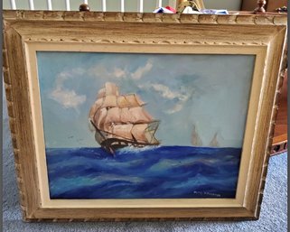 Vintage Oil Painting On Canvas - Tall Sails Ship - Lovely Antiqued Frame - Created By May Precter Artist