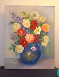 Beautiful Vintage Oil On Canvas Still Life Painting Signed By Artist- May Prechtel 1964 Flowers In A Vase