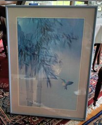 Framed Chinese Bamboo Print Of A Hummingbird In Flight By David Lee '78.   PM-WA(B)