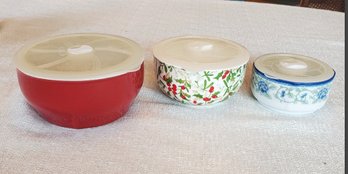 Three Ceramic Storage Bowls With Plastic Sealing Lids- Nantucket & 2 Gracies