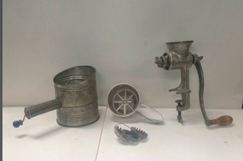 Nice Antique Kitchen Ware Flour Sifters And Meat Grinder. SW / B5