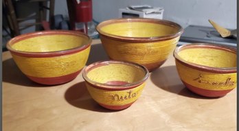 Four Mid Century Modern 1950s Glass Nesting Bowl Set Of 4 Wrapped With String - Labeled With Snack Food Items