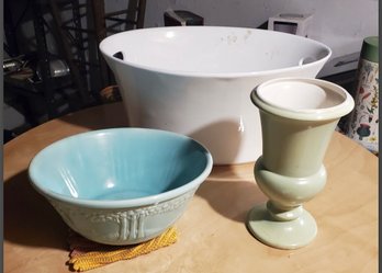 Beautiful Homer Laughlin Lite Green Mixing Bowl, A Hull USA Flower Vase & A Heavy White Basin