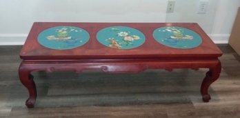 Beautiful Asian Inspired Coffee Table - Three Floral & Pottery Painted Scenes Inserts & A Protective Glass Top