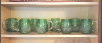 RARE Set Of 8 Handmade Unused, Galway Crystal Of Ireland Green Cut- To- Clear Drinking Glasses With Handles