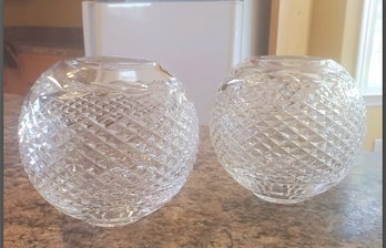 Pair Of Brilliant Waterford Crystal Of Ireland Glandore Round Rose Bowl Flower Vases