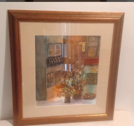 Beautiful Vintage Framed Water Color Painting Of A Flower Market
