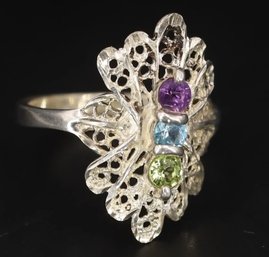 Amethyst, Peridot & Topaz Ring In Sterling Silver