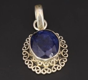 Vintage Sapphire Filigree Necklace Pendant In Sterling Silver