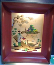 Vintage Red Painted Metal Framed Reverse Painted Asian Inspired Image With 2 Lights BH/A4