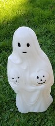 Small Ghost Blow Mold Holding Skull And Pumpkin