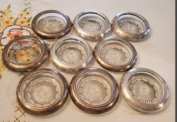 Lot Of Nine Vintage Labens Sterling Silver & Glass Coasters