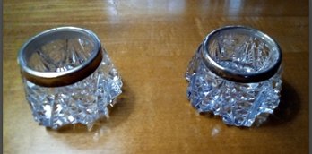 Elegant Looking Pair Of  Cut Glass Salt Bowls With Sterling Silver Rims