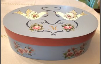 Hand- Painted Oval Box Love Birds & Flowers Wood Box